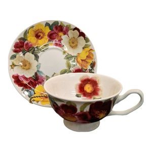 Footed Cup & Saucer Set Spicy Poppy by GRACIE BONE CHINA Stechcol Flowers Red